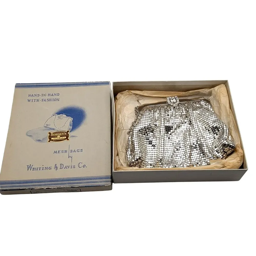 WHITING & DAVIS Vintage Mesh Purse Women's 5in Silver Tone Evening Original Box